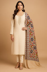Cream Dola Silk Straight Cut Suit with Cutdana Beaded U Neckline